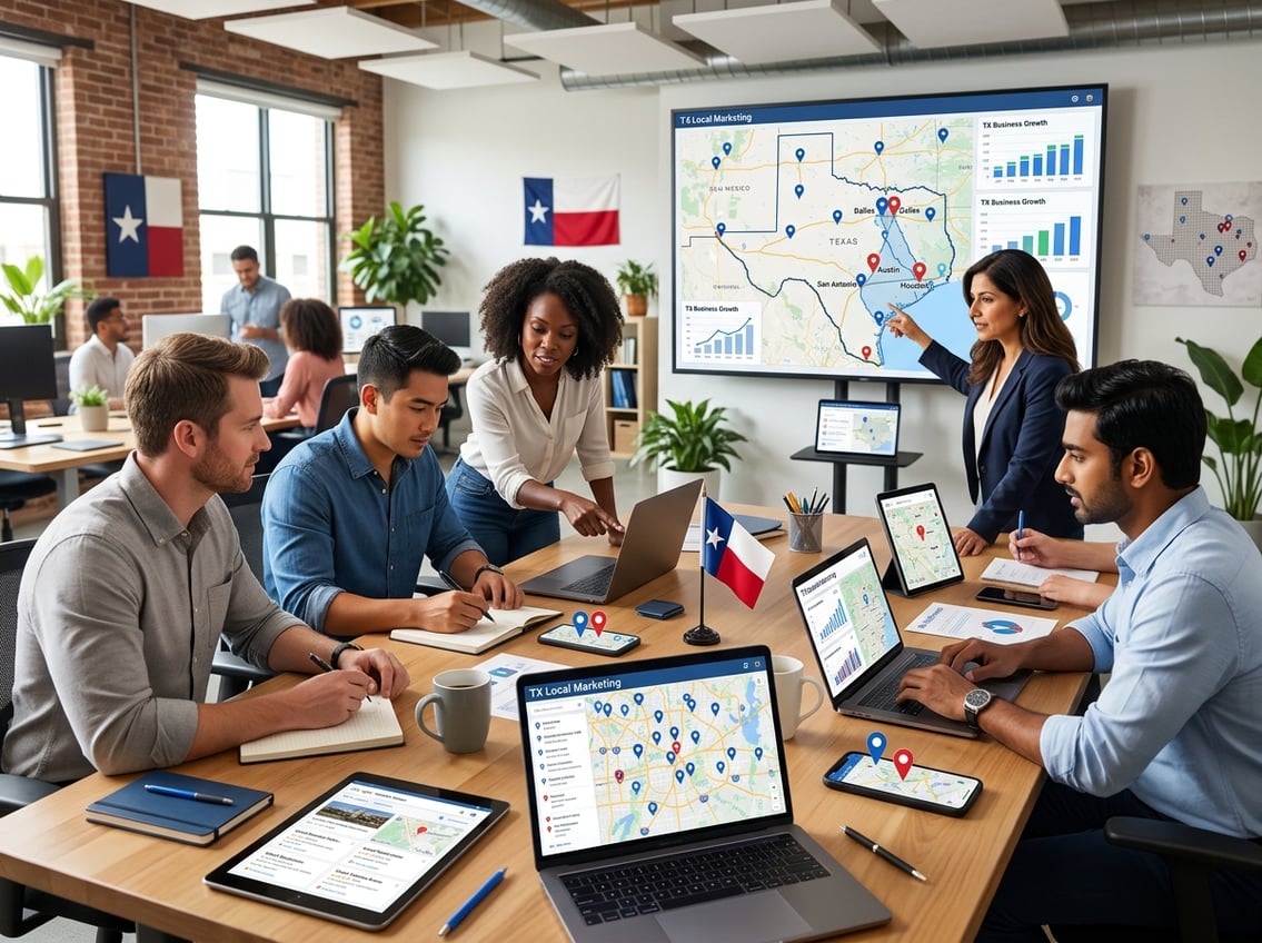 A group of business professionals collaborating around a table with devices showing maps and location markers, with a large digital map of Texas in the background.